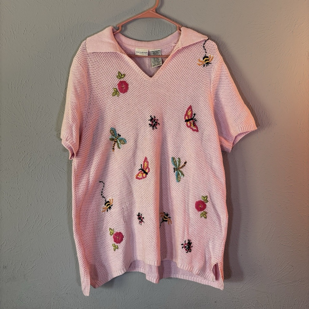 Vintage cottagecore White Stag Womens Plus 2XL Embroidered Insect Sweater